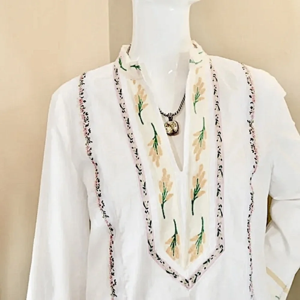 🏷️ NWT Tory Burch Ribbon Embellished Tunic in White Size 4